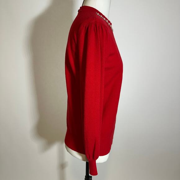 Liz Claiborne Red Cabaret Balloon Sleeve Embellished Neck Sweater Womens Medium - Picture 3 of 11